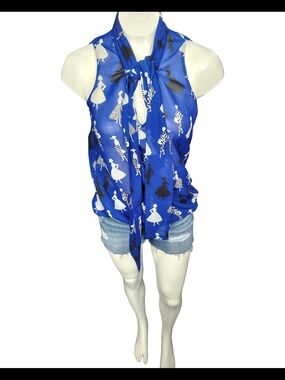 Banana Republic Royal Blue Printed Tie-Neck Sleeveless Top